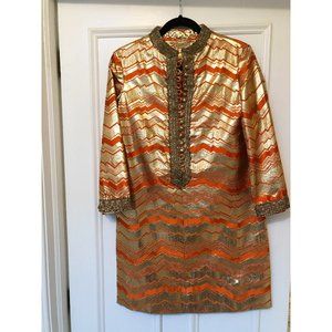 Vintage Lord & Taylor 1960's Metallic Gold & Orange Long Sleeve Tunic Mini Dress